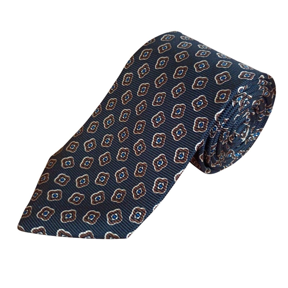 Brooks Brothers 3.25 Width Silk Medallion Geometric Navy Blue Brown Tie